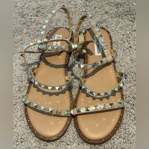 STEVE MADDEN Womens Beige Studded Travel Round Toe Buckle Gladiator Sandles 8M